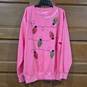 Pink 'Merry and Bright' Sequin Light Pullover Sweatshirt - Casual Holiday Top